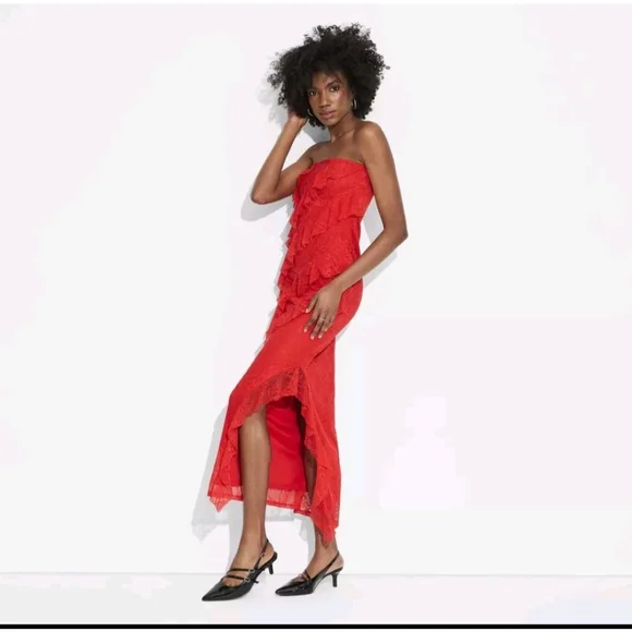 Wild Fable Lace Ruffle Cherry Red Maxi Bodycon Dress - Picture 3 of 6